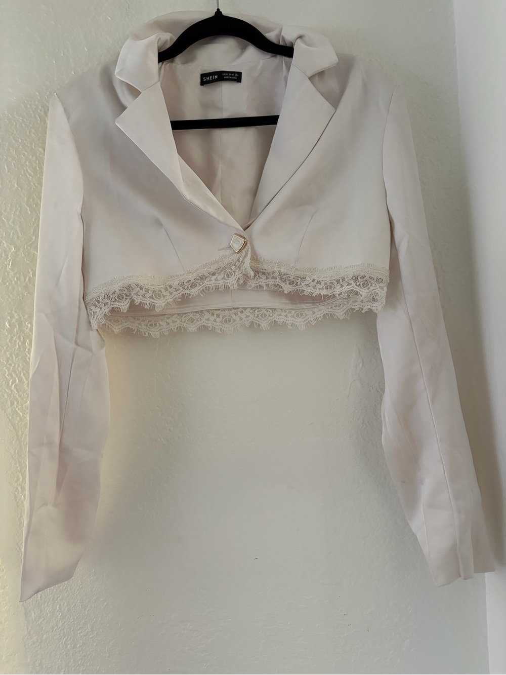 Shein Women's Cream Lace-Trim Cropped Blazer